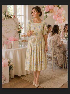 Vtg Laura Ashley Floral Dress Puff Sleeve Wedding Tea Yellow Pink Blue Medium